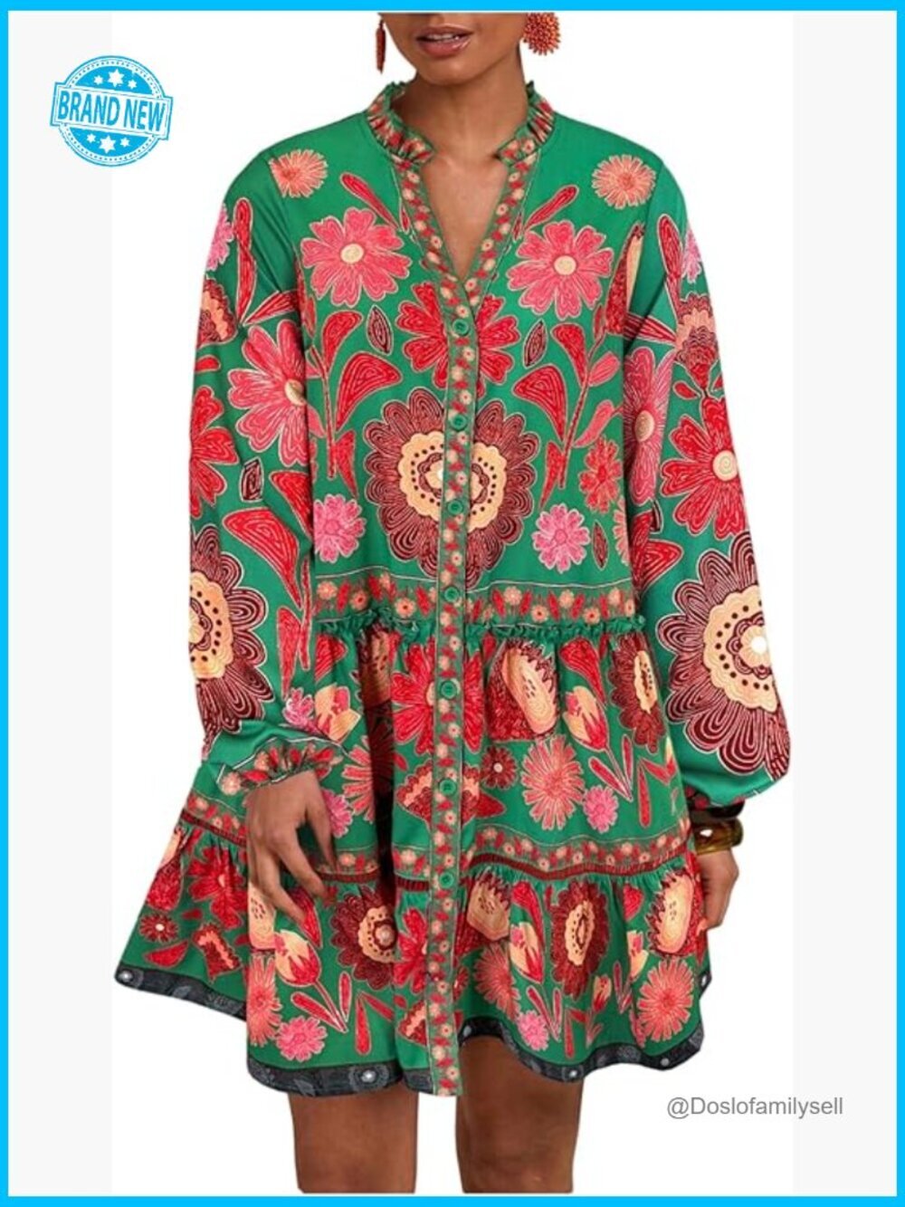 Floral Print Summer Smock Dress Boho Beach Long Sleeve Button Down Flowy